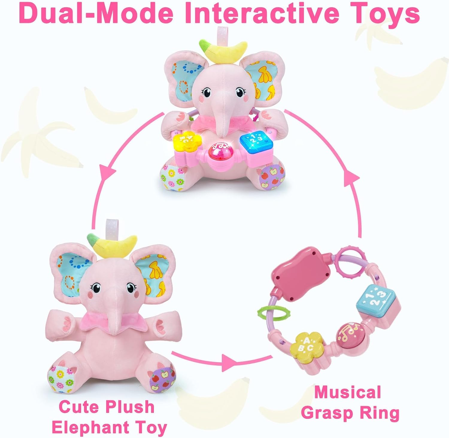 Baby Elephant Musical Stuffed Animals Toy with Light-Up Music & Crinkle Sound Paper,Infant Bilingual Early Learning Education Toys,Tummy Time Toys for 0-3-6-12  Months Boy Girl, Pink